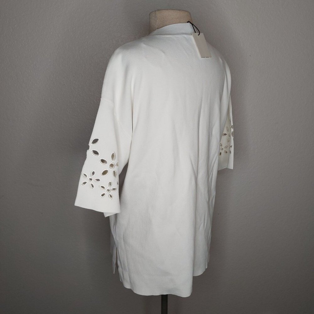 Zara Womens Top Medium Ribbed Short Sleeve Embroidered Flower Sleeves Ivory - Picture 4 of 16